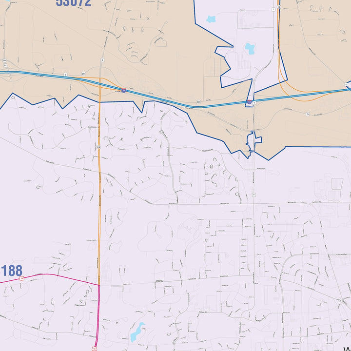 Color Cast Zip Code Style Wall Map of Waukesha, WI