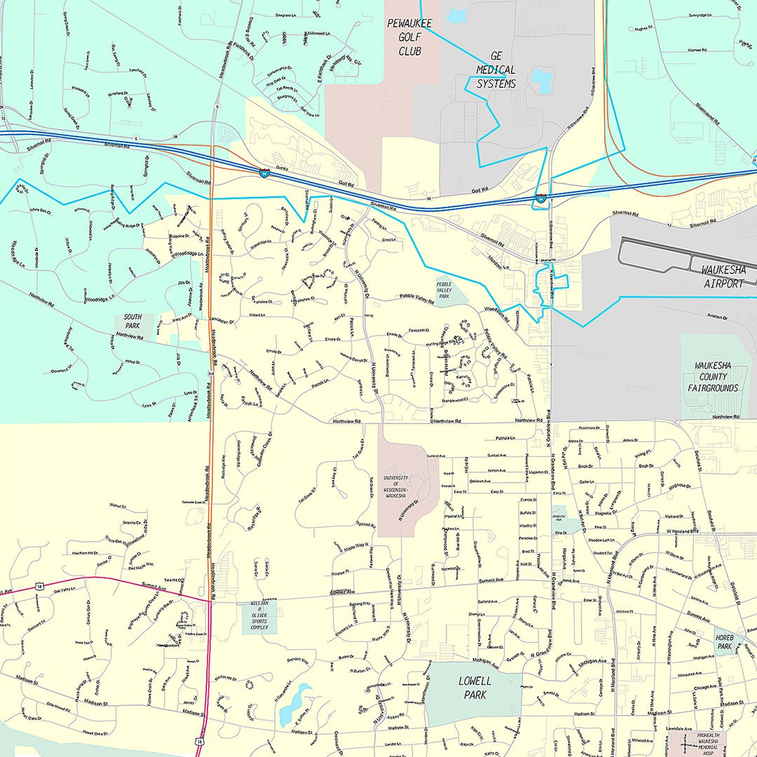 Premium Style Wall Map of Waukesha, WI