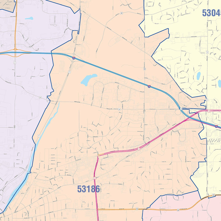 Color Cast Zip Code Style Wall Map of Waukesha, WI