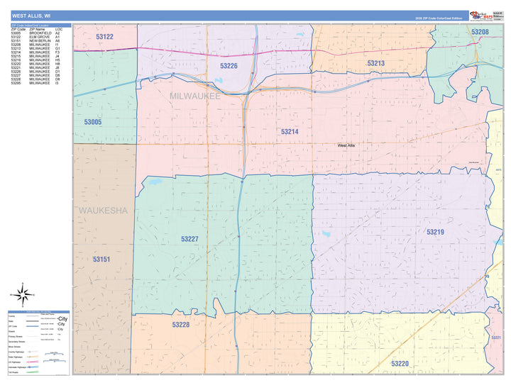 Color Cast Zip Code Style Wall Map of West Allis, WI