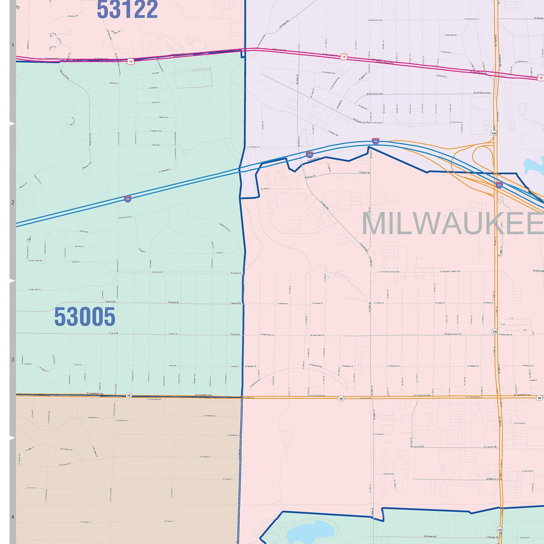 Color Cast Zip Code Style Wall Map of West Allis, WI