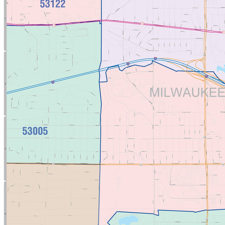 Color Cast Zip Code Style Wall Map of West Allis, WI