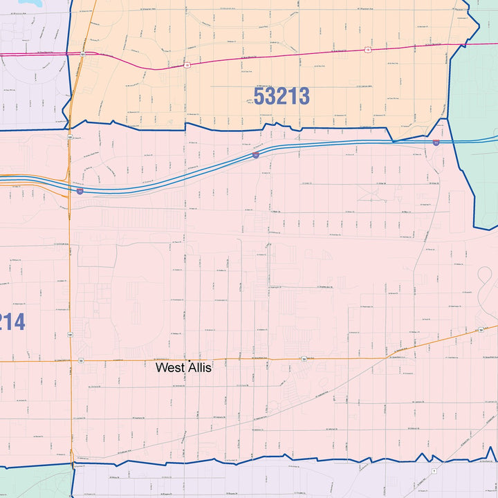 Color Cast Zip Code Style Wall Map of West Allis, WI