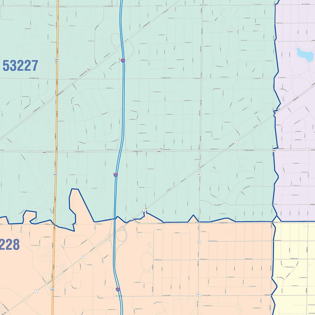 Color Cast Zip Code Style Wall Map of West Allis, WI