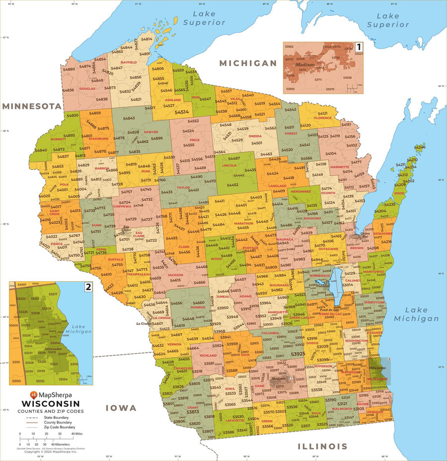 Wisconsin Postal Code Wisconsin Zip Code Map with Counties Map – American Map Store