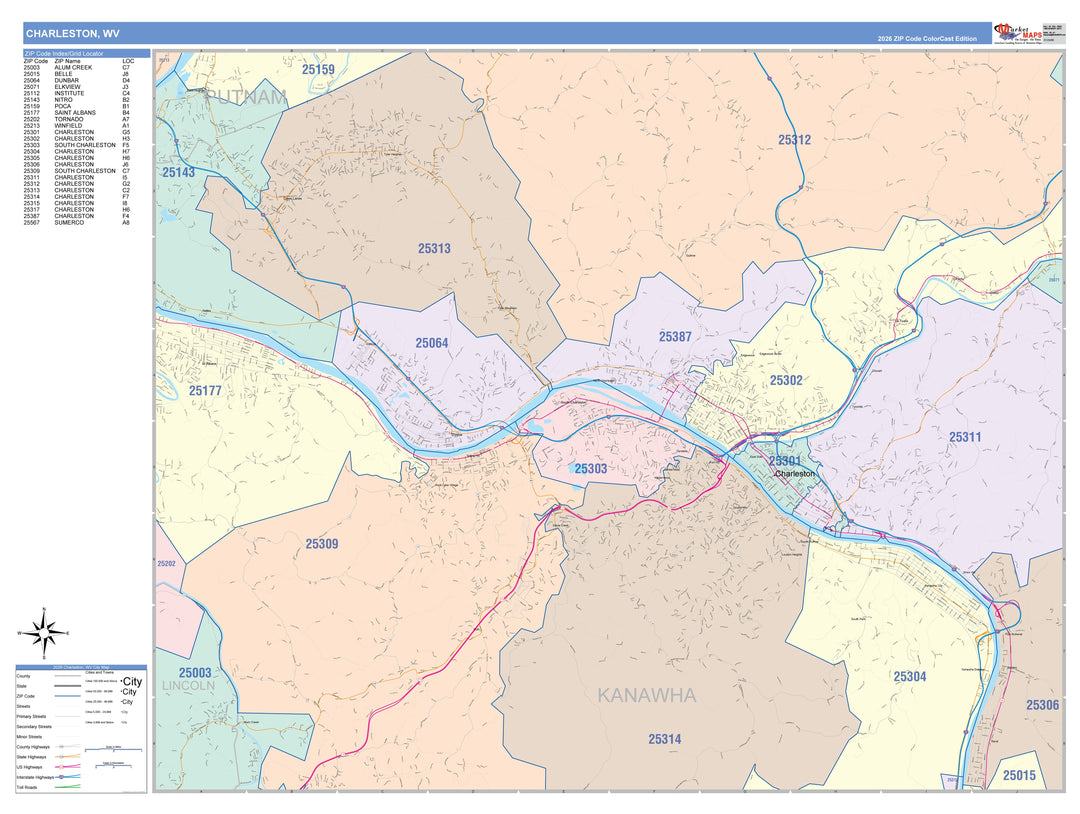 Color Cast Zip Code Style Wall Map of Charleston, WV