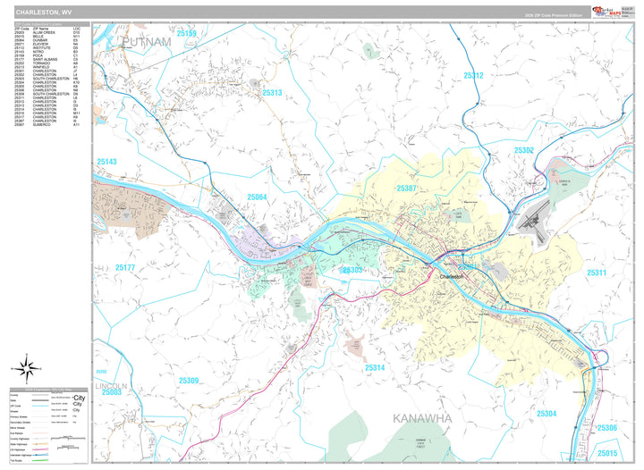 Premium Style Wall Map of Charleston, WV