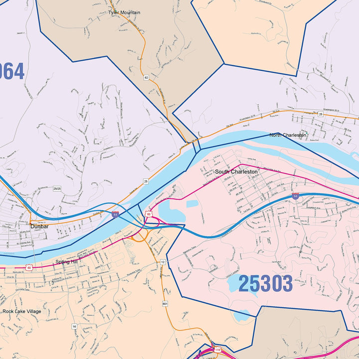 Color Cast Zip Code Style Wall Map of Charleston, WV