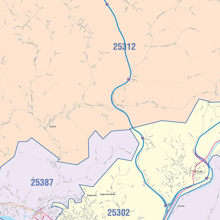 Color Cast Zip Code Style Wall Map of Charleston, WV
