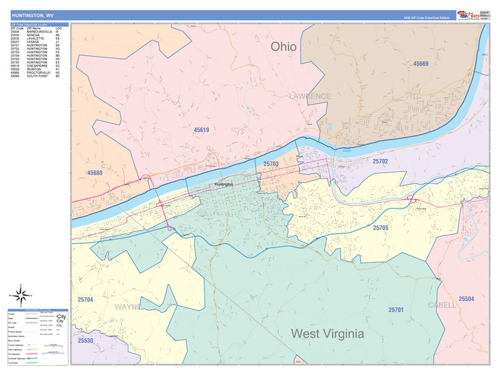 Color Cast Zip Code Style Wall Map of Huntington, WV