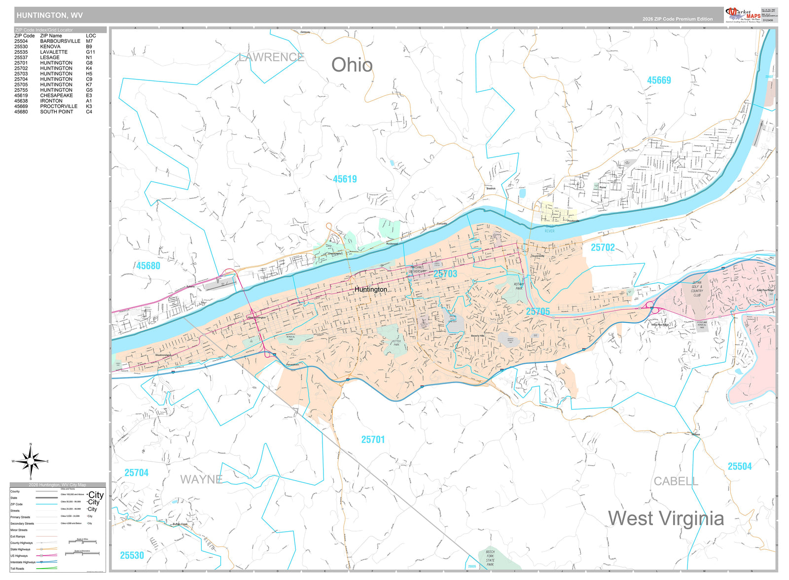 Premium Style Wall Map of Huntington, WV