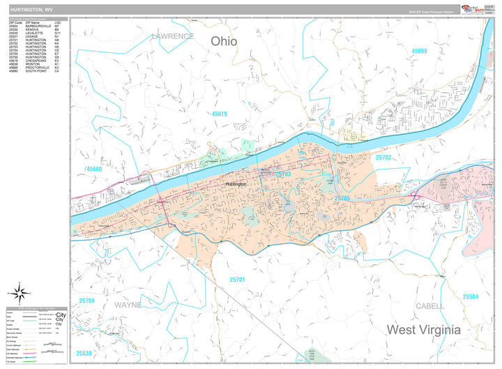 Premium Style Wall Map of Huntington, WV