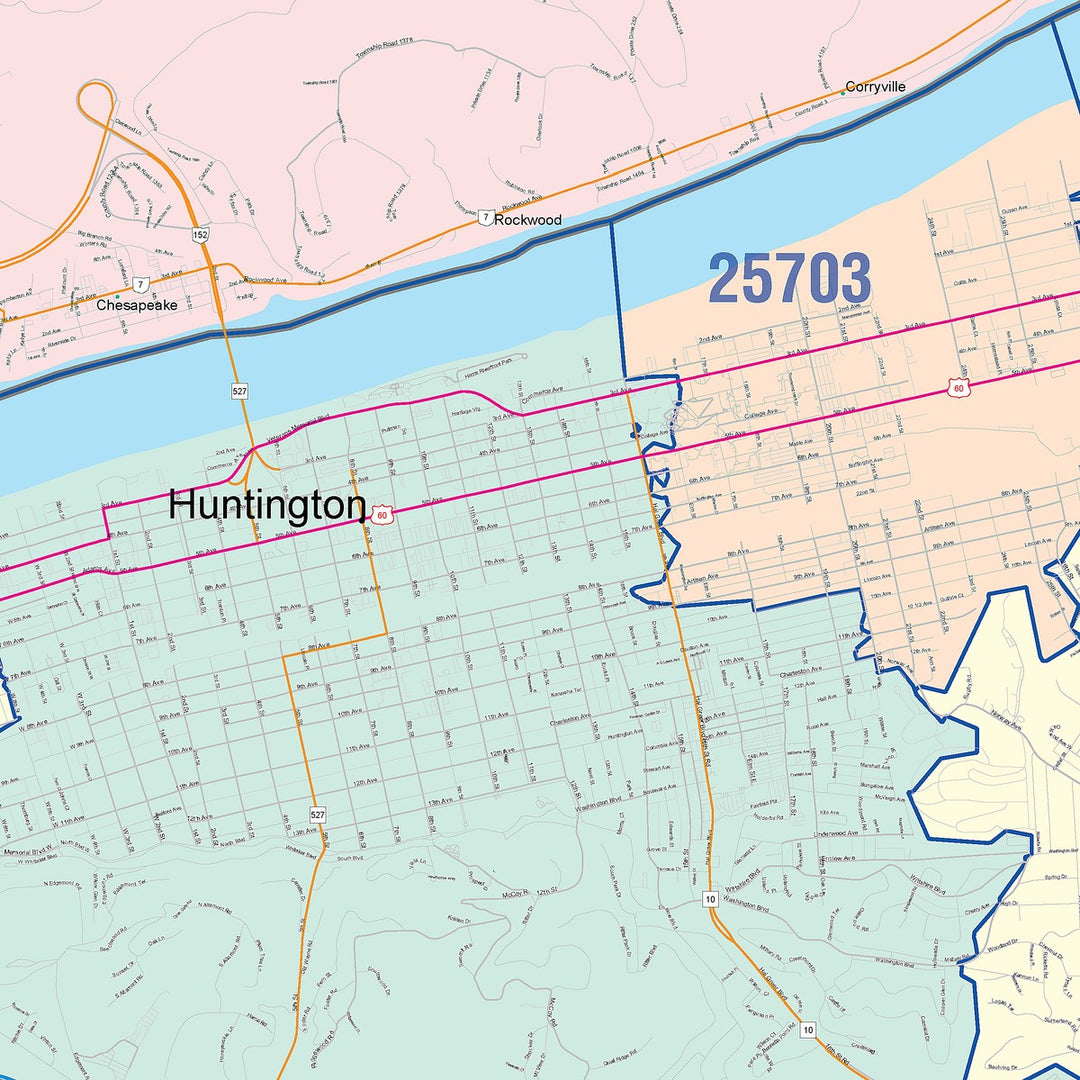 Color Cast Zip Code Style Wall Map of Huntington, WV