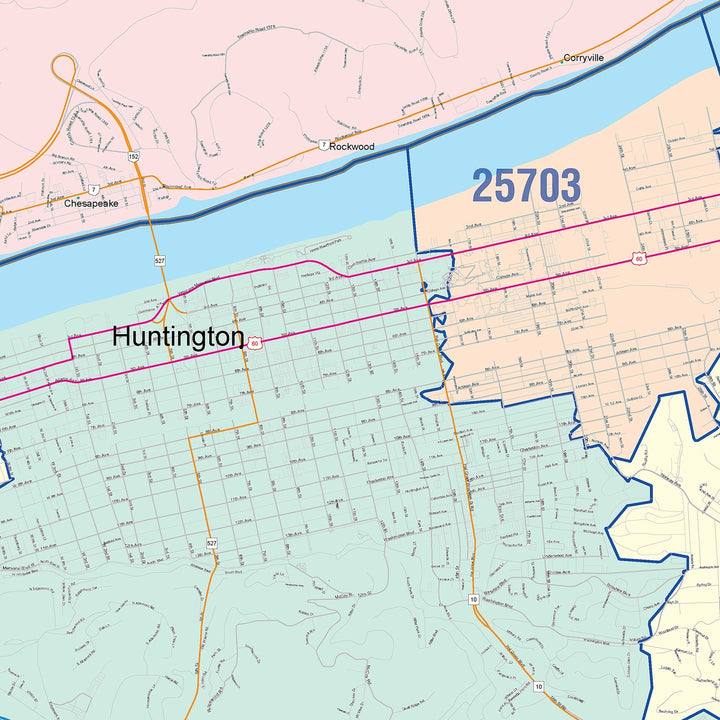 Color Cast Zip Code Style Wall Map of Huntington, WV