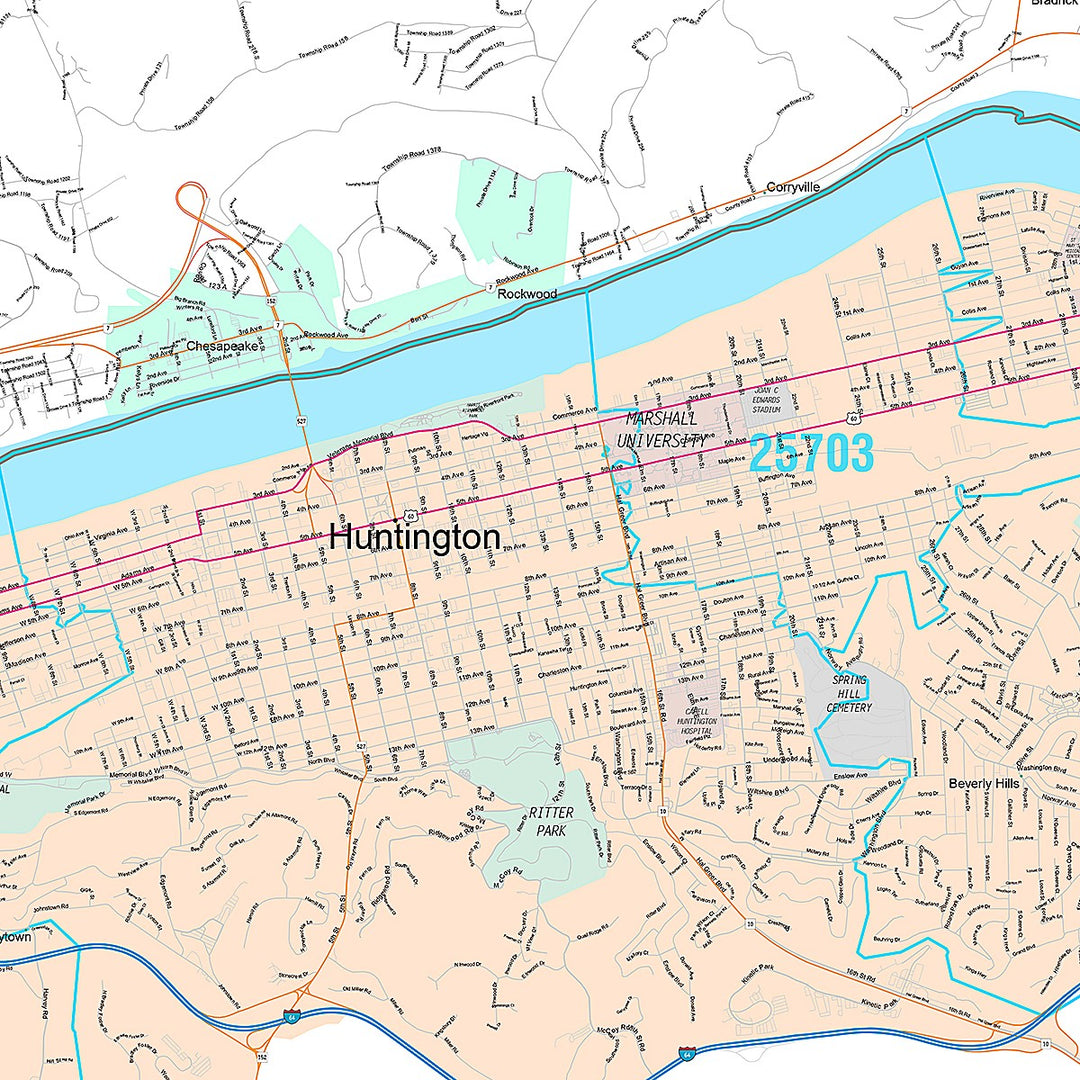 Premium Style Wall Map of Huntington, WV