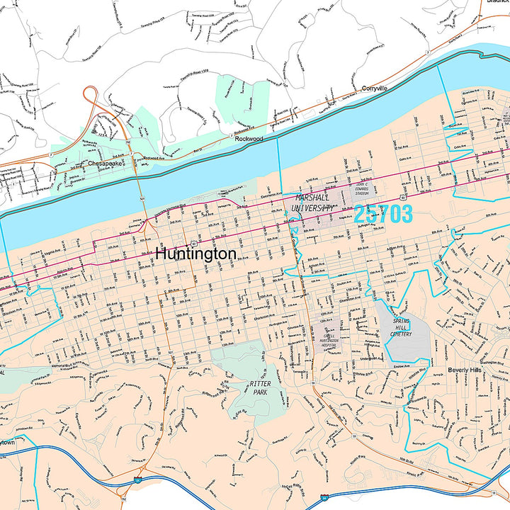 Premium Style Wall Map of Huntington, WV