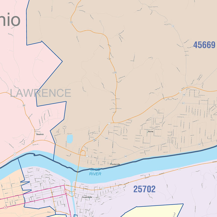 Color Cast Zip Code Style Wall Map of Huntington, WV