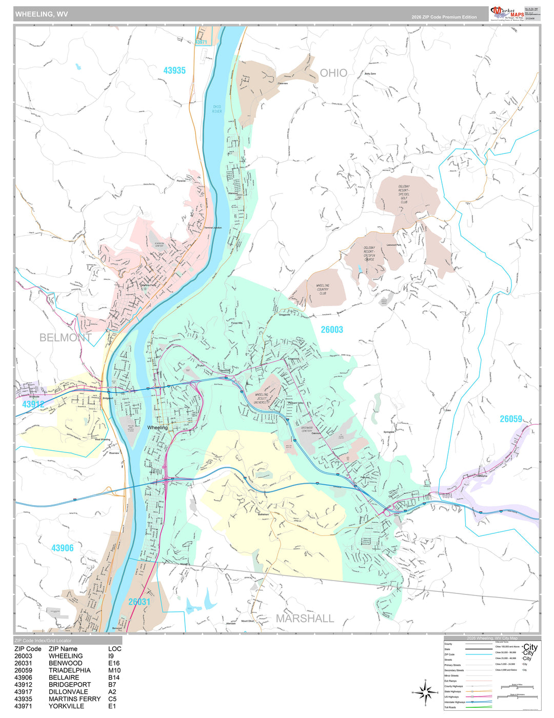 Premium Style Wall Map of Wheeling, WV
