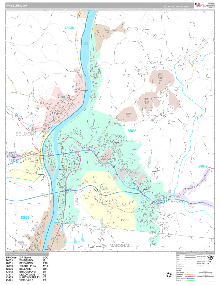 Premium Style Wall Map of Wheeling, WV