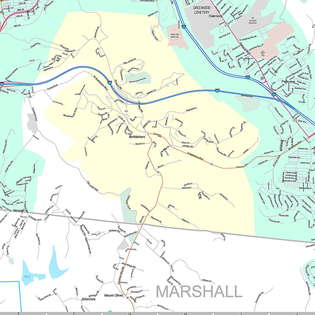 Premium Style Wall Map of Wheeling, WV