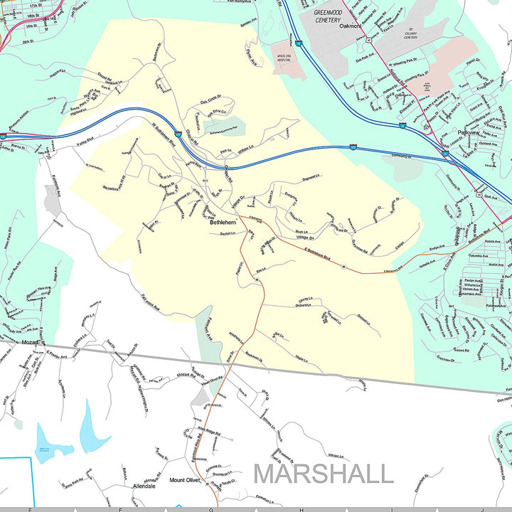 Premium Style Wall Map of Wheeling, WV