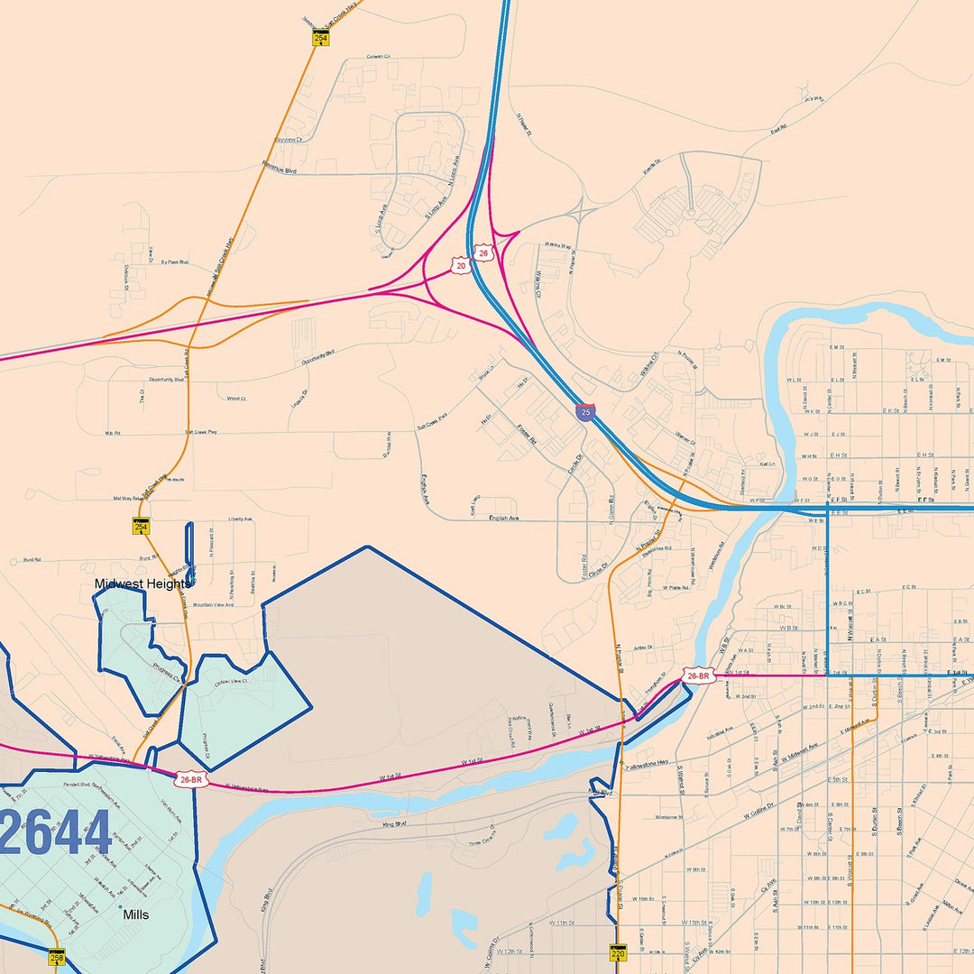 Color Cast Zip Code Style Wall Map of Casper, WY