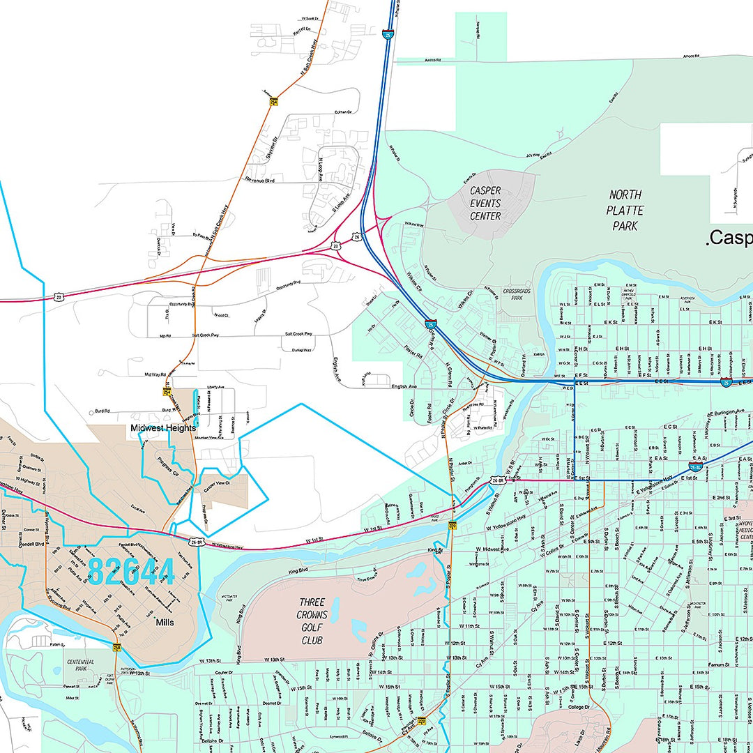 Premium Style Wall Map of Casper, WY