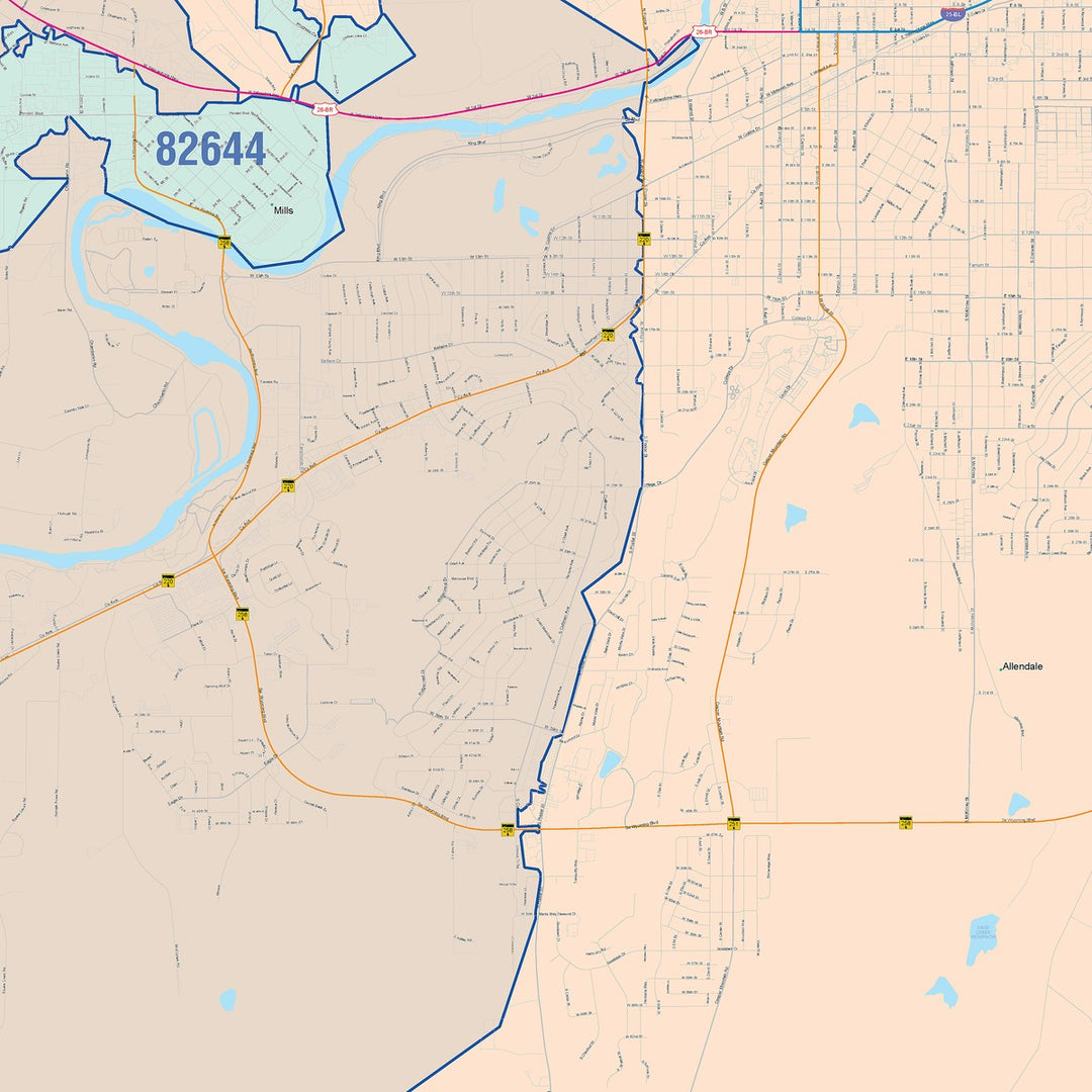 Color Cast Zip Code Style Wall Map of Casper, WY