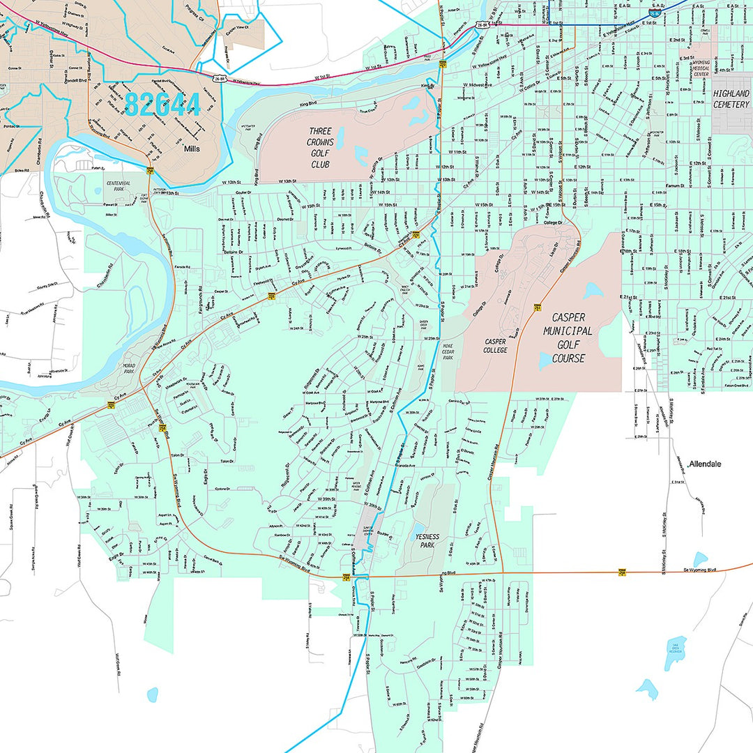 Premium Style Wall Map of Casper, WY