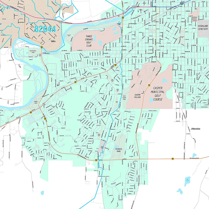 Premium Style Wall Map of Casper, WY