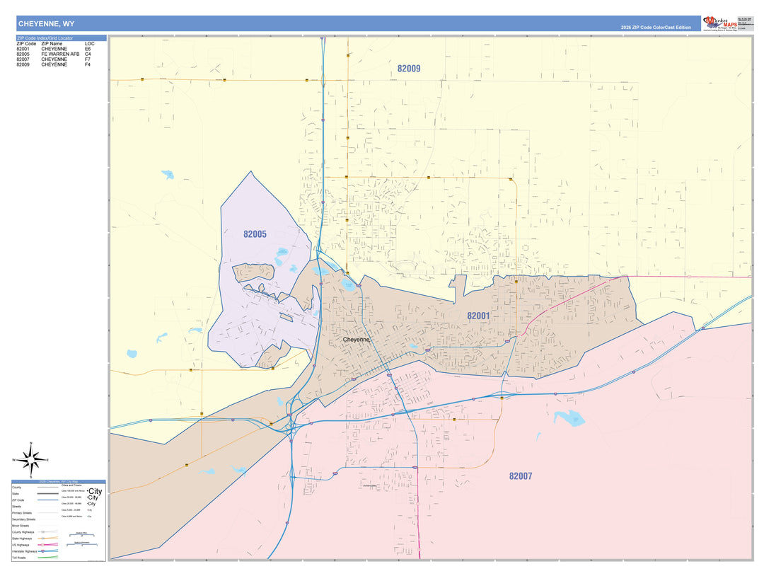 Color Cast Zip Code Style Wall Map of Cheyenne, WY