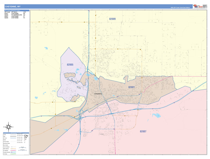 Color Cast Zip Code Style Wall Map of Cheyenne, WY