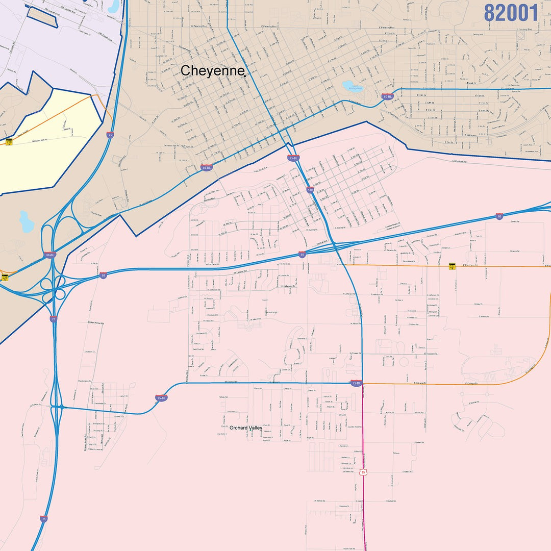 Color Cast Zip Code Style Wall Map of Cheyenne, WY