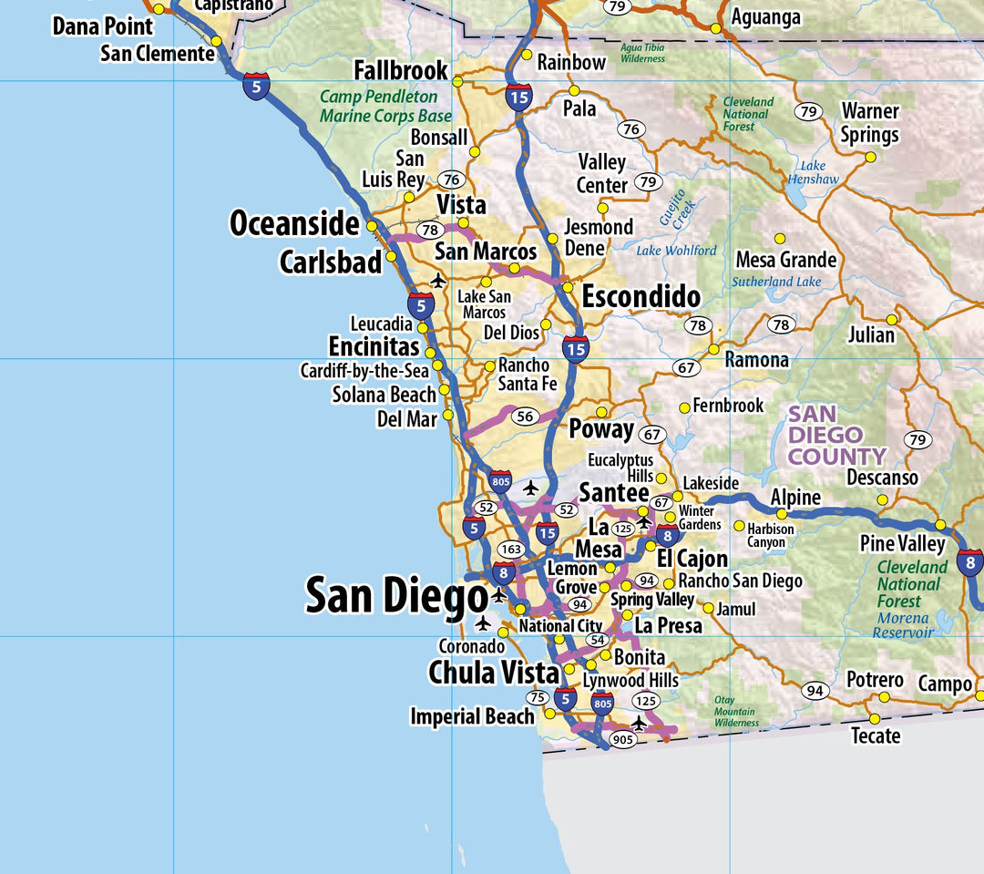 California Wall Map with Shaded Relief