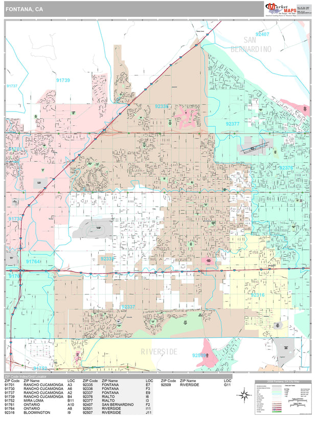 Premium Style Wall Map of Fontana, CA by Market Maps