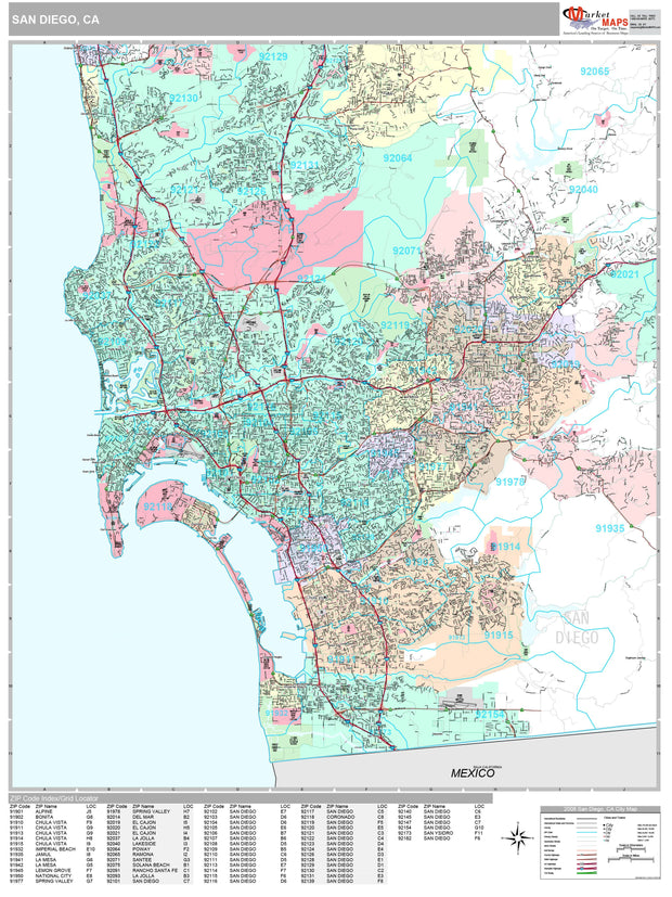 Premium Style Wall Map of San Diego, CA by Market Maps