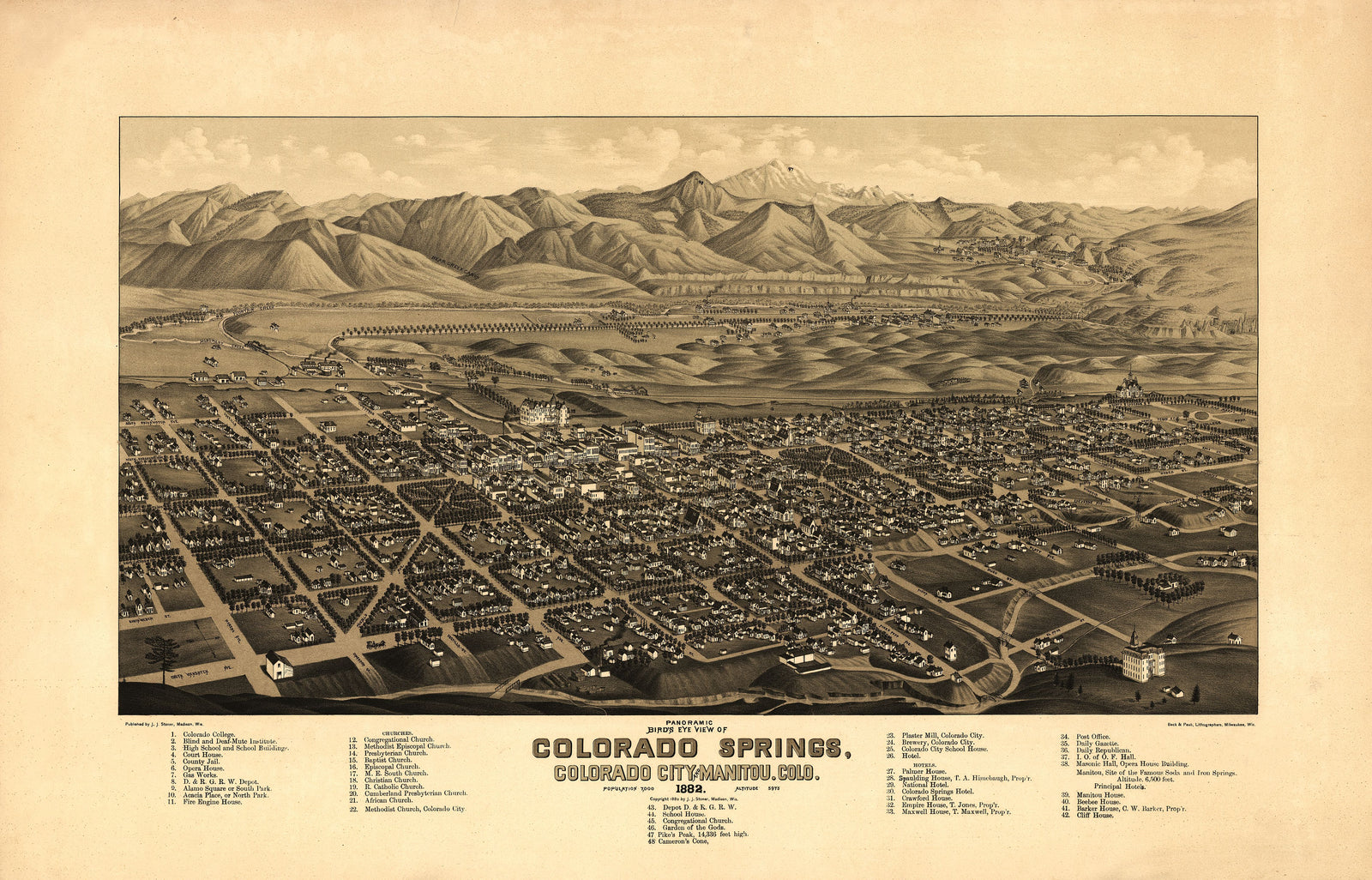 Panoramic bird's eye view of Colorado Springs, Colorado City and Manitou, Colo 1882