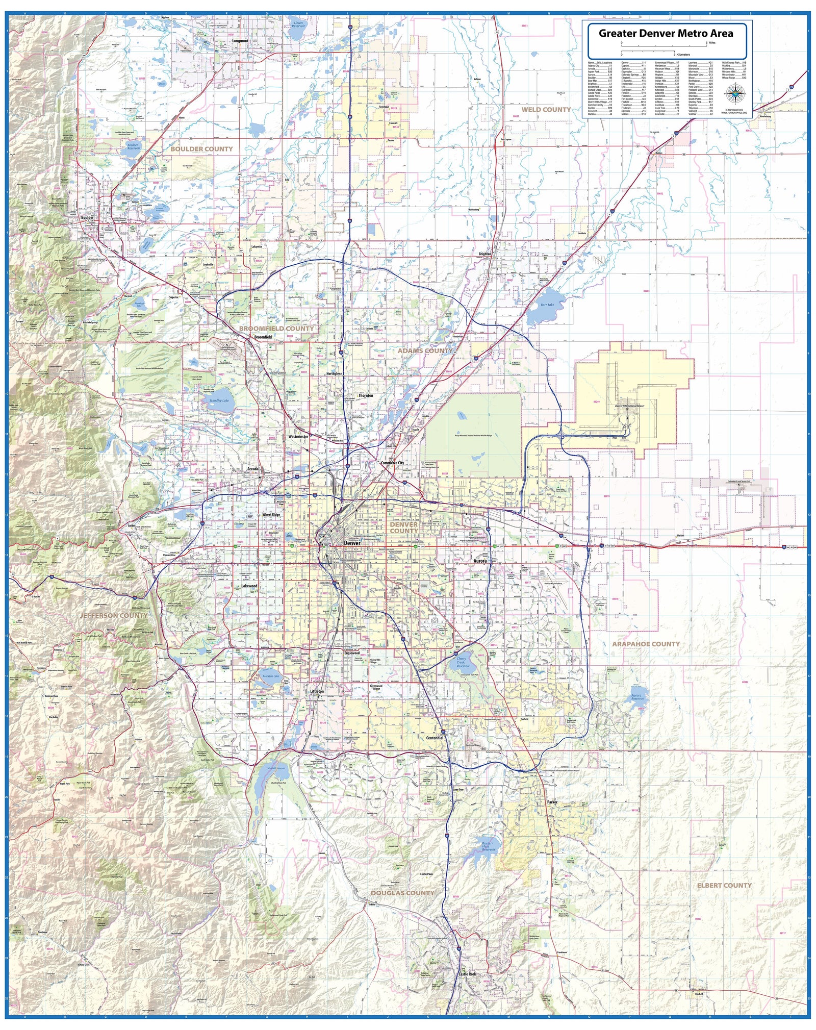 Denver Regional Area Wall Map with Shaded Relief