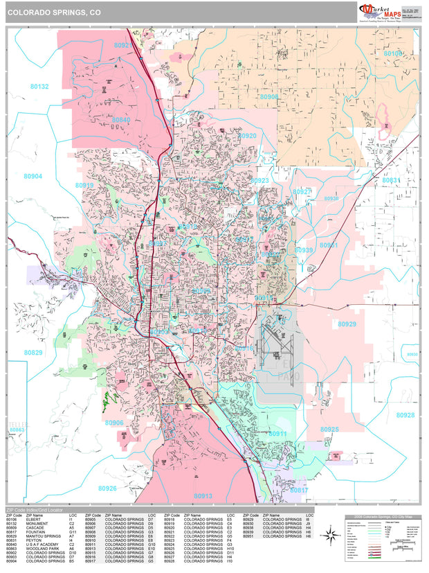 Premium Style Wall Map of Colorado Springs, CO by Market Maps