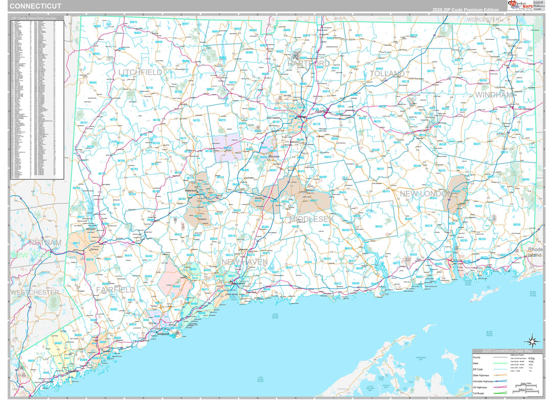 Premium Style Wall Map of Connecticut