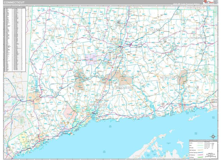 Premium Style Wall Map of Connecticut
