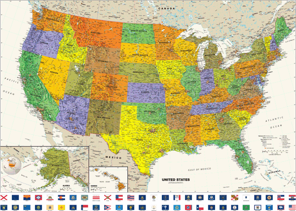 Contemporary US and World Map with Flags Classroom Pull Down 2 Map Bundle