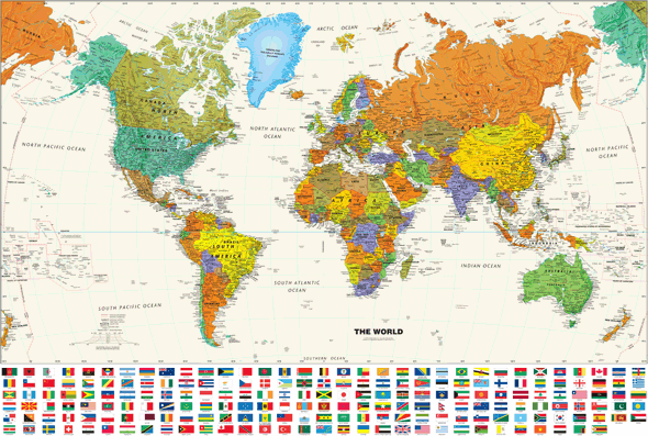 Contemporary US and World Map with Flags Classroom Pull Down 2 Map Bundle