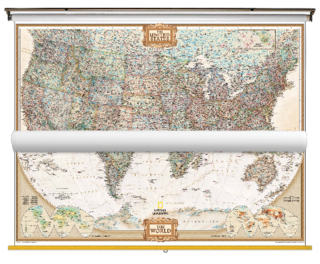 Antique Tones US and World Map Classroom Pull Down 2 Map Bundle