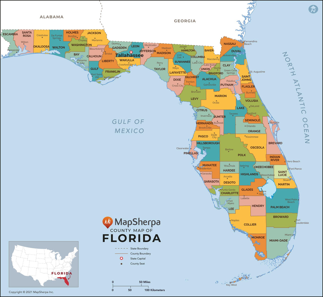 Multi Color Florida Map With Counties Capitals And Major Cities