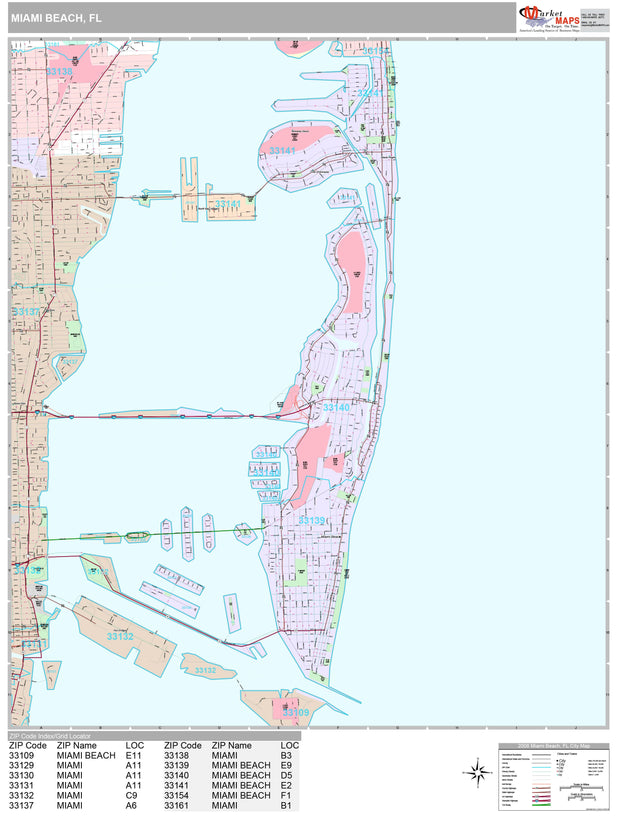 Premium Style Wall Map of Miami Beach, FL.  by Market Maps