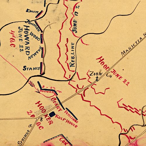 Map of the environs of Pine Mountain, Lost Mountain, Kenesaw Mountain, and Little Kenesaw Mountain by G. H. Blakeslee T. E., June 2-22, 1864