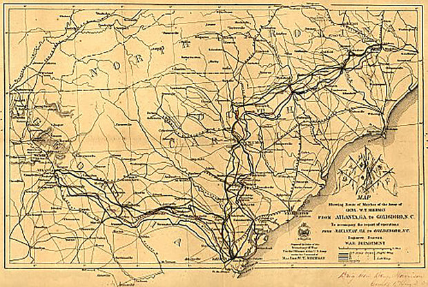 Map showing route of marches of the army of Genl. W.T. Sherman, from Atlanta, Ga. to Goldsboro, N.C.