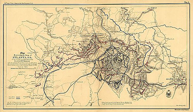 Map illustrating the siege of Atlanta, Ga. by the U.S. forces under command of Maj. Gen. W. T. Sherman, 1864