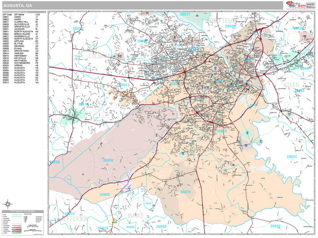 Premium Style Wall Map of Augusta, GA by Market Maps